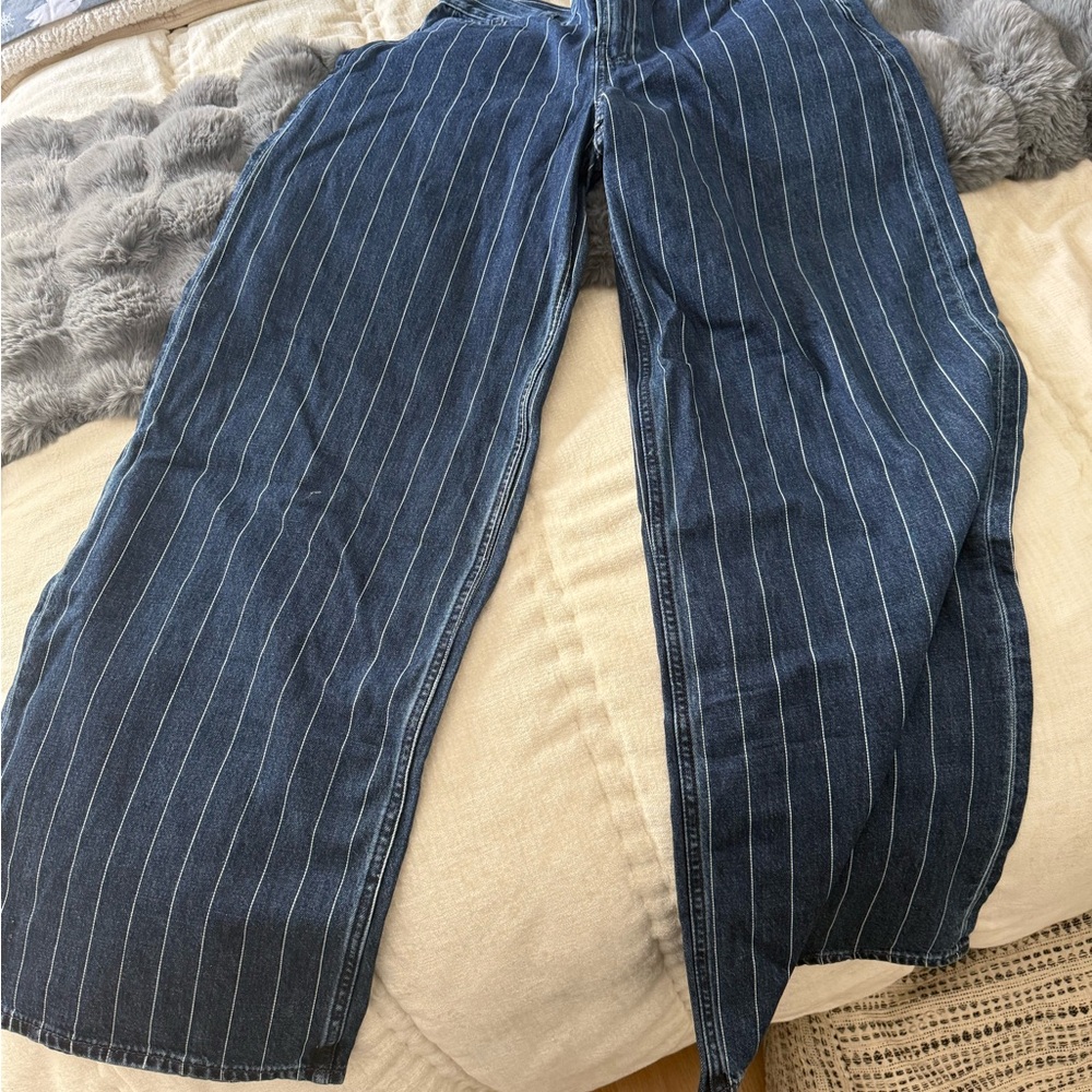 NWT GAP Blue Denim Wide-Leg Pants with White Stripes Size 28/6L